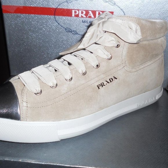 PRADA Beige Suede Ribbon High Top Metallic Cap Toe Lace Up Sneakers Shoes - Picture 3 of 14